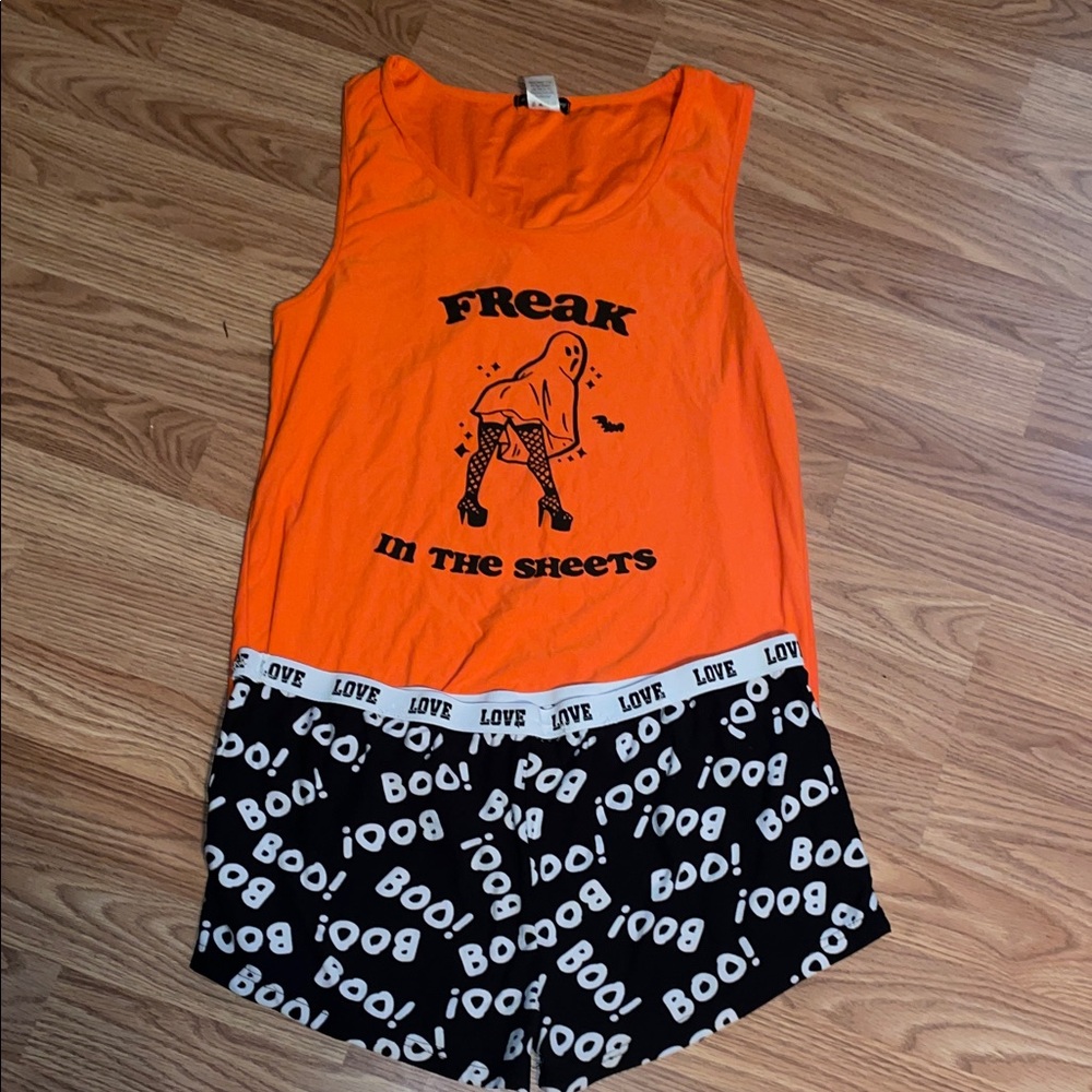 Women's Orange 'Freak in the Sheets' Tank & Black 'Boo!' Shorts Sleep Set